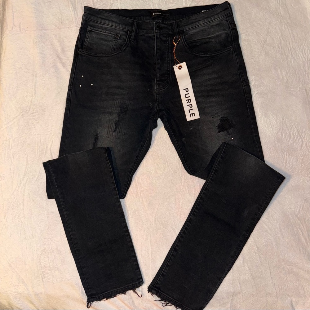 Men’s size 34 Purple Brand P002 Black Repair Slim Black Denim Jeans distressed
